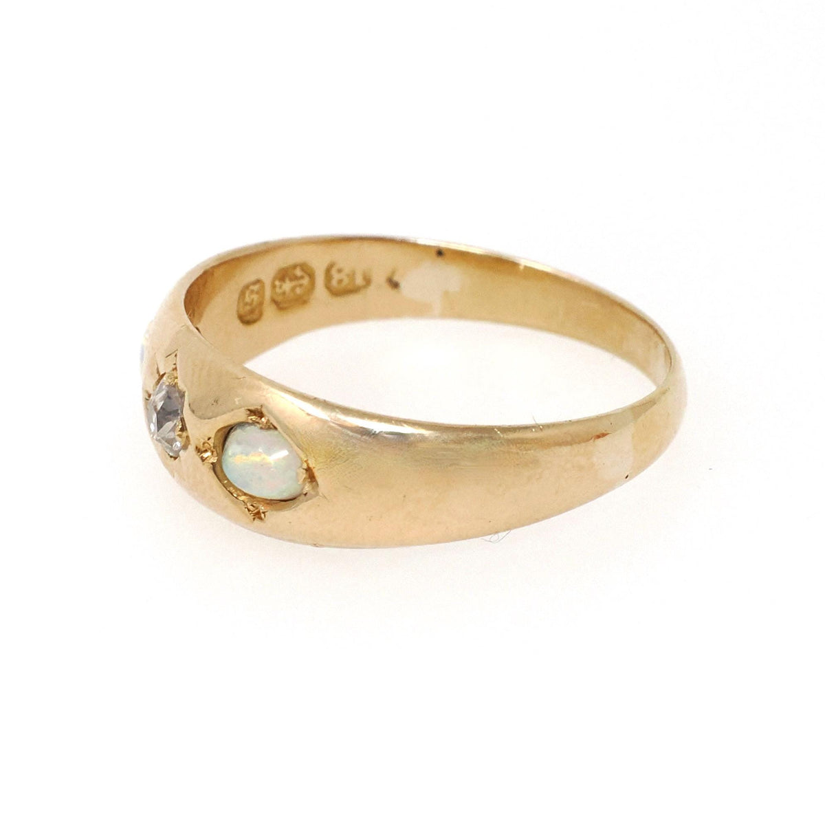 Antique Opal & Diamond Ring - Victorian 18k Yellow Gold Three Stone Natural Gemstone Band - Dated 1892 Size 7 1/2 Star Incised Fine Jewelry