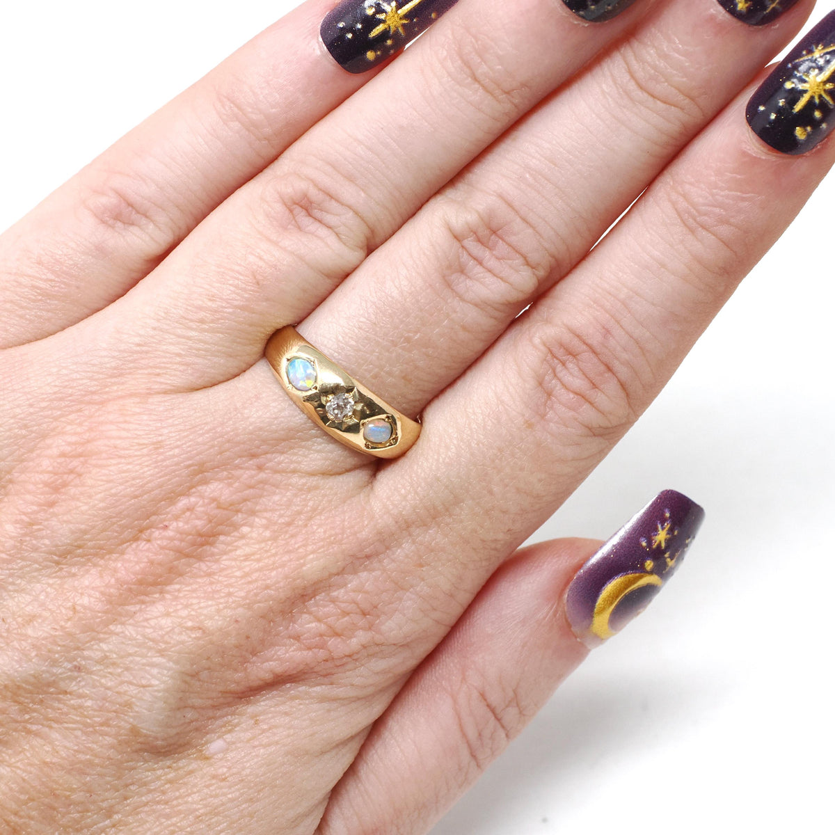 Antique Opal & Diamond Ring - Victorian 18k Yellow Gold Three Stone Natural Gemstone Band - Dated 1892 Size 7 1/2 Star Incised Fine Jewelry