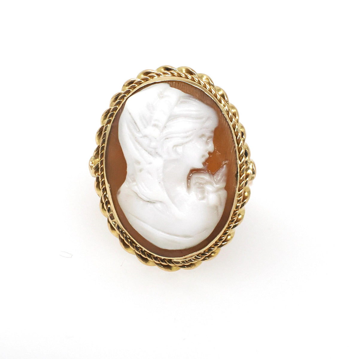 Vintage Cameo Ring - Modernist 18k Yellow Gold Carved Shell Twisted Rope Solitaire - Circa 1970s Size 6.5 Neoclassical Portrait Fine Jewelry