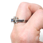 Vintage Bridal Ring Set - Mid Century 14k White Gold Natural Sapphire & Diamond Soldered Pair - Circa 1950s Size 6 Fine Engagement Jewelry