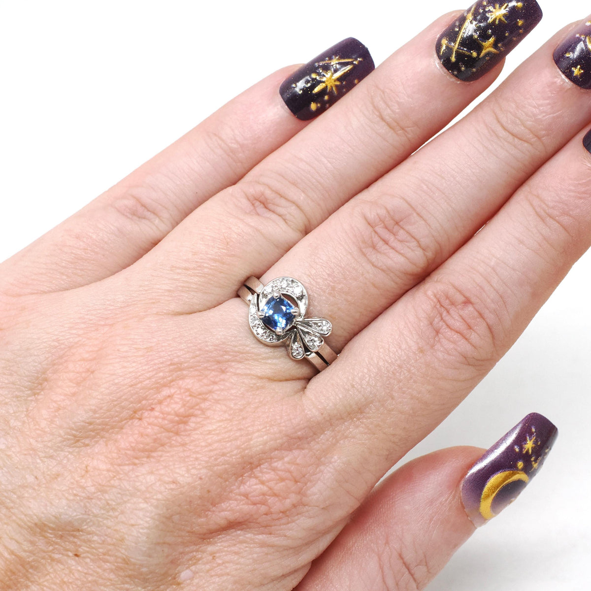 Vintage Bridal Ring Set - Mid Century 14k White Gold Natural Sapphire & Diamond Soldered Pair - Circa 1950s Size 6 Fine Engagement Jewelry