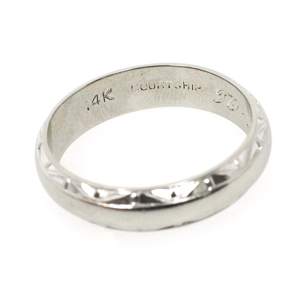 Dated 1960 Band - Mid Century 14k White Gold Milgrain Diamond Cut Eternity Wedding Ring - Vintage Size 9 3/4 Engraved Fine Bridal Jewelry