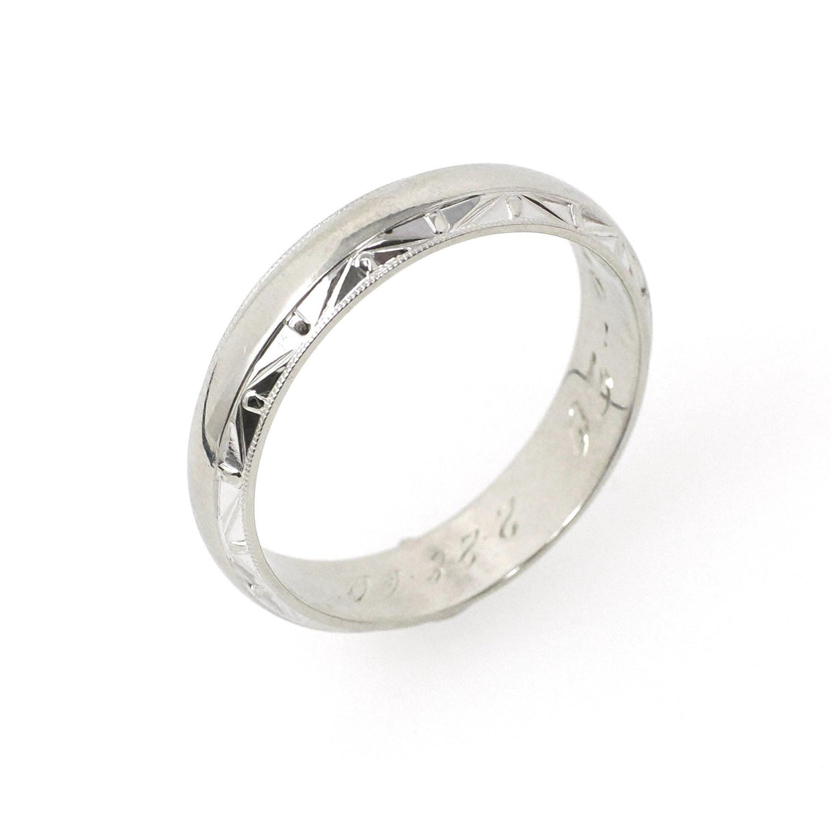 Dated 1960 Band - Mid Century 14k White Gold Milgrain Diamond Cut Eternity Wedding Ring - Vintage Size 9 3/4 Engraved Fine Bridal Jewelry