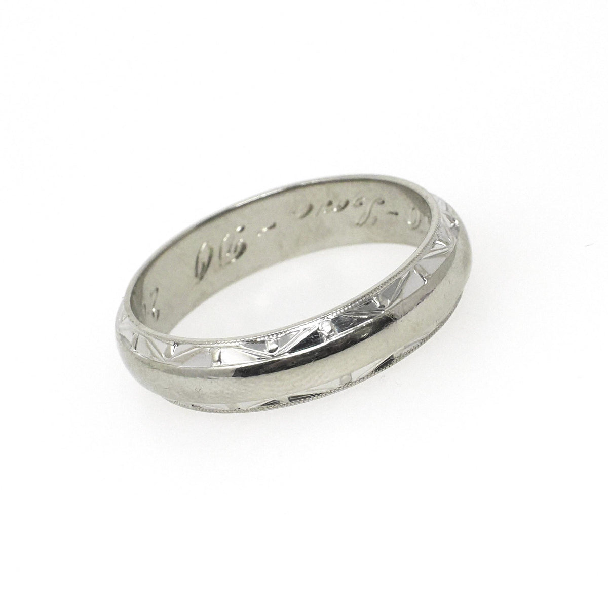 Dated 1960 Band - Mid Century 14k White Gold Milgrain Diamond Cut Eternity Wedding Ring - Vintage Size 9 3/4 Engraved Fine Bridal Jewelry