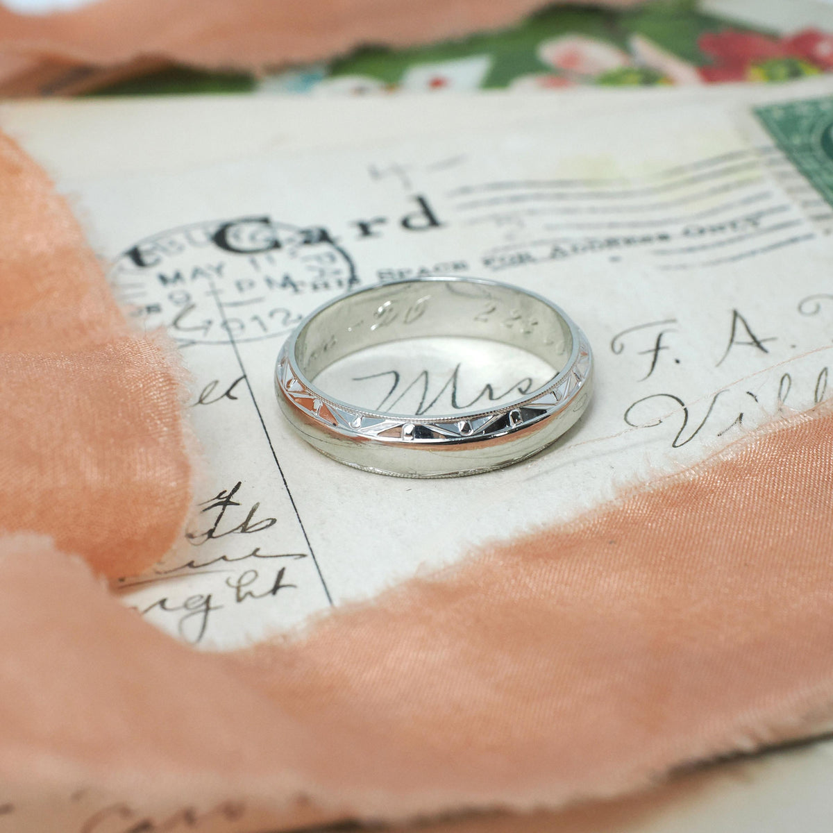 Dated 1960 Band - Mid Century 14k White Gold Milgrain Diamond Cut Eternity Wedding Ring - Vintage Size 9 3/4 Engraved Fine Bridal Jewelry