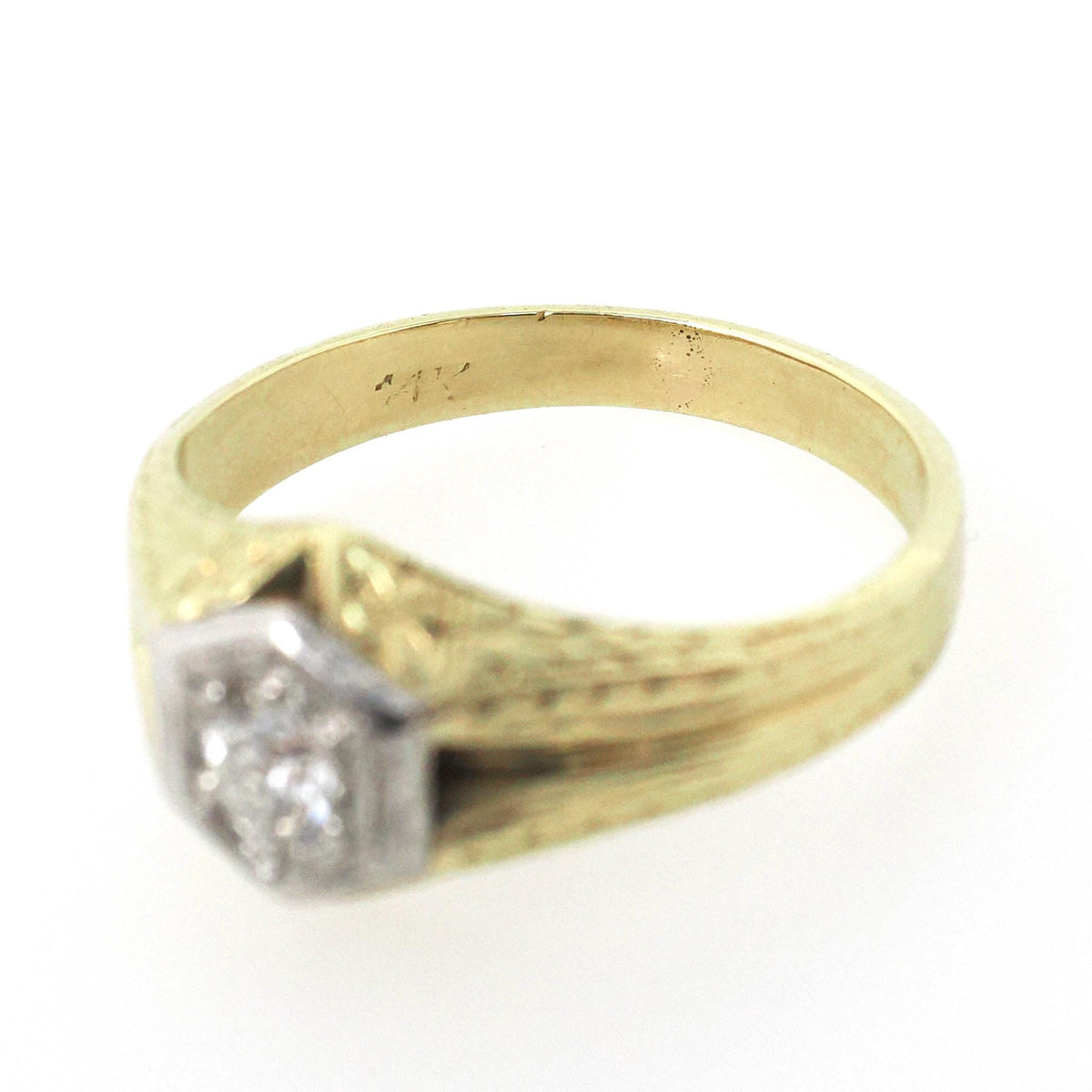 Vintage Diamond Ring - Art Deco 14k Yellow & White Gold Hexagonal .25 CT Round Solitaire - Circa 1930s Era Size 8 1/2 Engraved Fine Jewelry