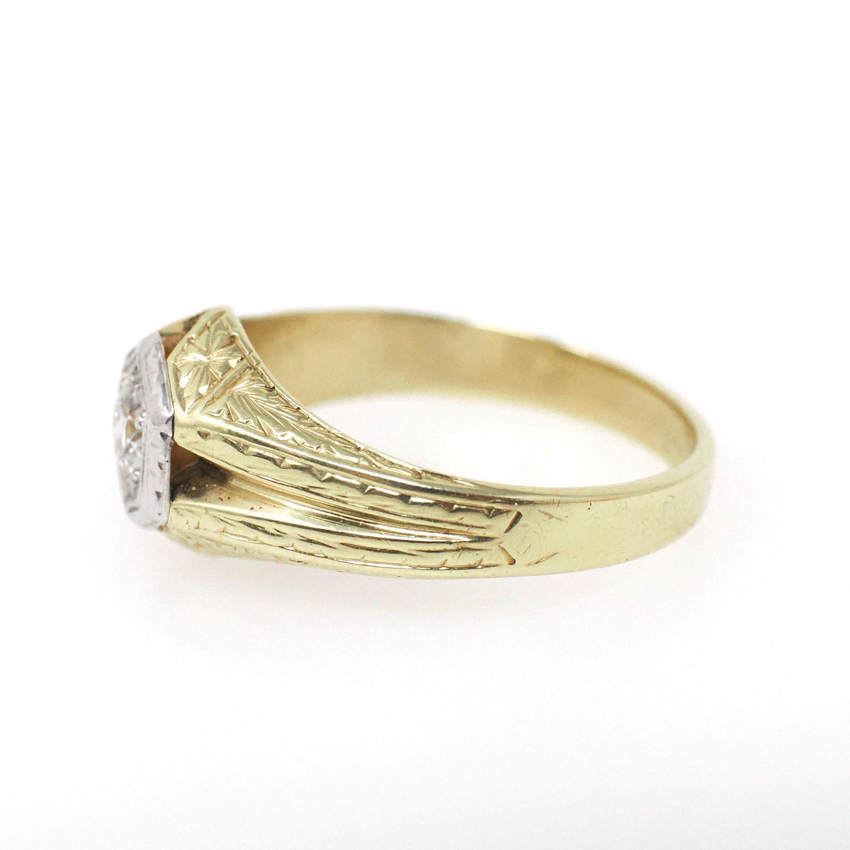 Vintage Diamond Ring - Art Deco 14k Yellow & White Gold Hexagonal .25 CT Round Solitaire - Circa 1930s Era Size 8 1/2 Engraved Fine Jewelry