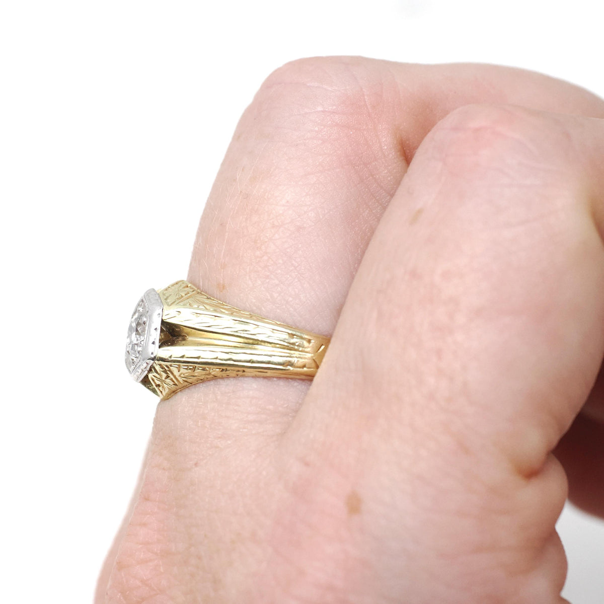 Vintage Diamond Ring - Art Deco 14k Yellow & White Gold Hexagonal .25 CT Round Solitaire - Circa 1930s Era Size 8 1/2 Engraved Fine Jewelry