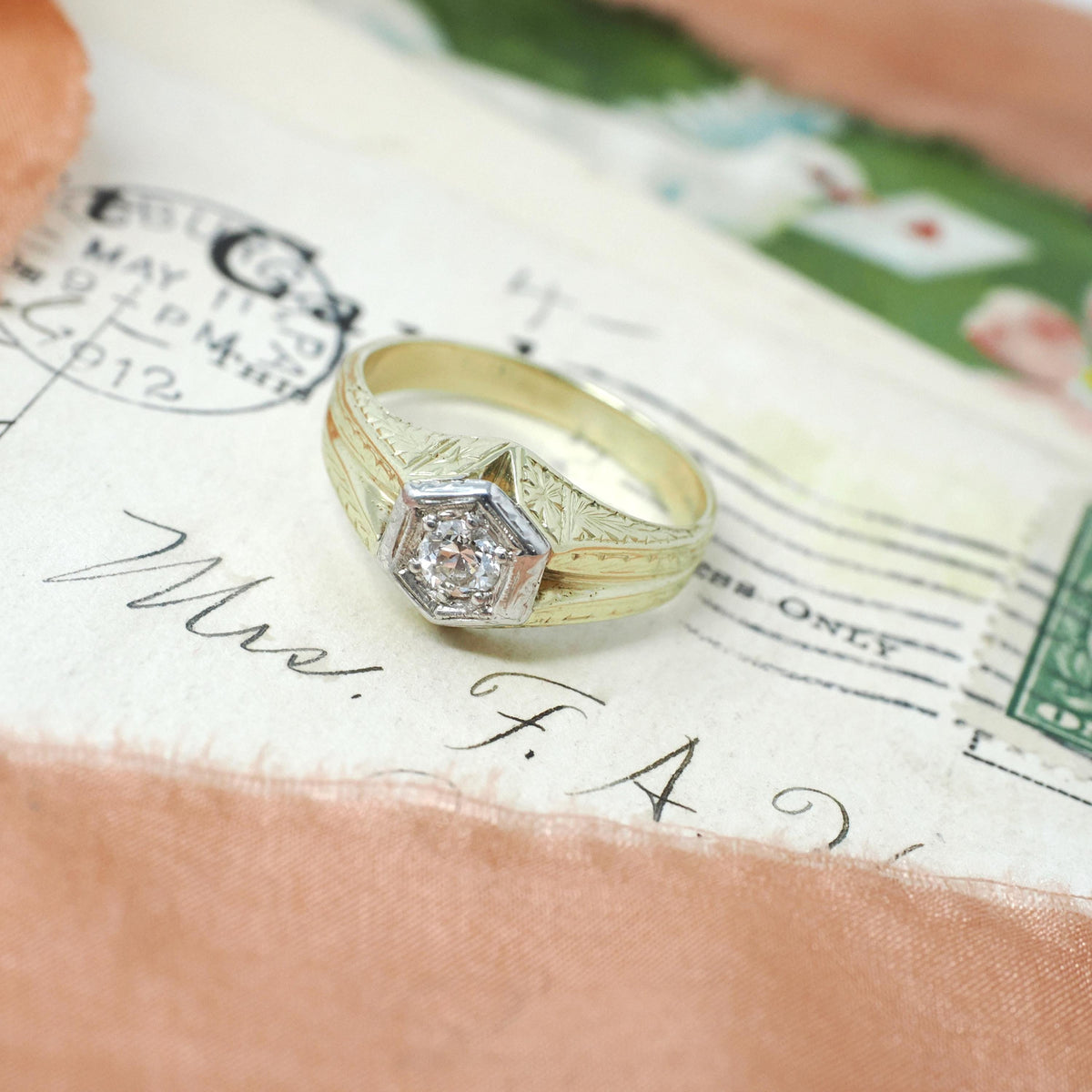 Vintage Diamond Ring - Art Deco 14k Yellow & White Gold Hexagonal .25 CT Round Solitaire - Circa 1930s Era Size 8 1/2 Engraved Fine Jewelry