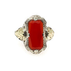 Virgo Filigree Ring - Vintage 14k White & Yellow Gold Natural Carnelian Gemstone Shield - Circa 1930s Size 9 1/2 Fine August Zodiac Jewelry