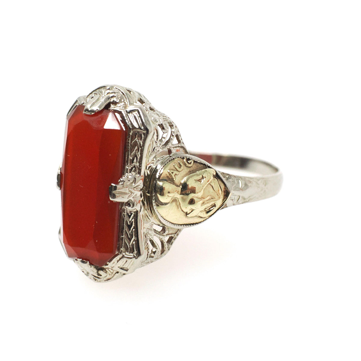 Virgo Filigree Ring - Vintage 14k White & Yellow Gold Natural Carnelian Gemstone Shield - Circa 1930s Size 9 1/2 Fine August Zodiac Jewelry
