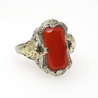 Virgo Filigree Ring - Vintage 14k White & Yellow Gold Natural Carnelian Gemstone Shield - Circa 1930s Size 9 1/2 Fine August Zodiac Jewelry