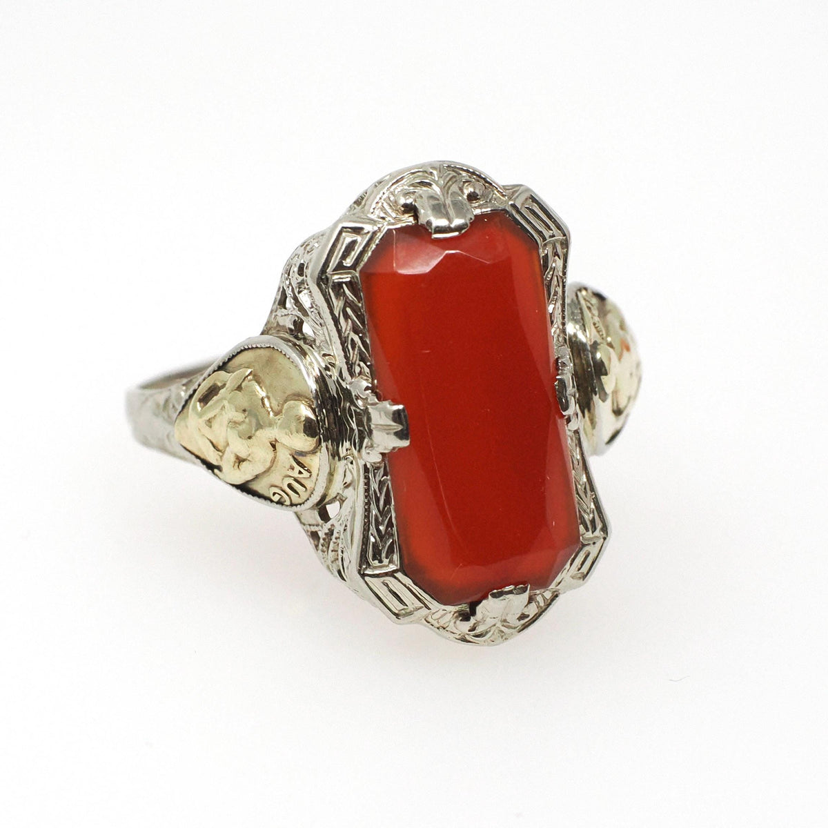 Virgo Filigree Ring - Vintage 14k White & Yellow Gold Natural Carnelian Gemstone Shield - Circa 1930s Size 9 1/2 Fine August Zodiac Jewelry