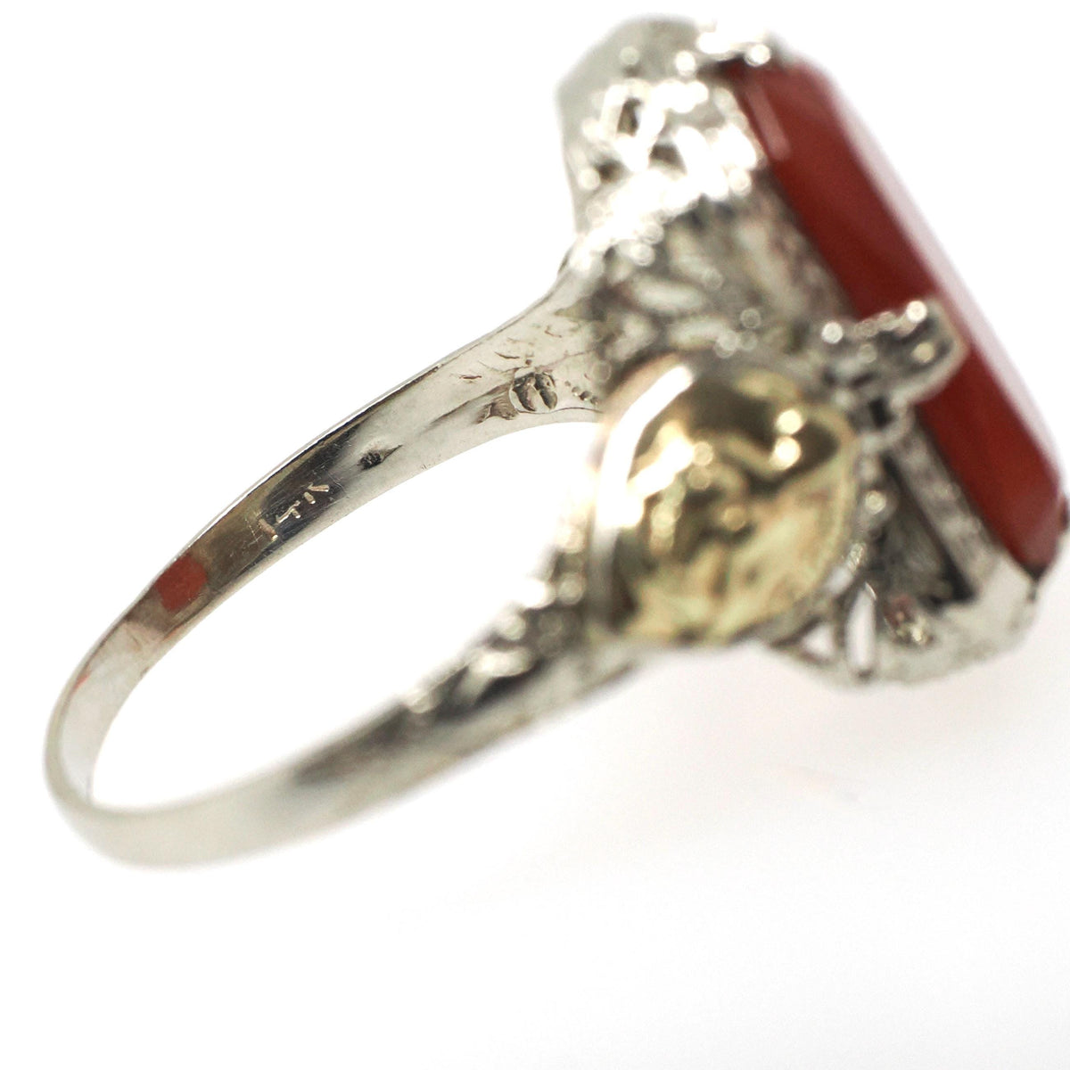 Virgo Filigree Ring - Vintage 14k White & Yellow Gold Natural Carnelian Gemstone Shield - Circa 1930s Size 9 1/2 Fine August Zodiac Jewelry