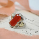 Virgo Filigree Ring - Vintage 14k White & Yellow Gold Natural Carnelian Gemstone Shield - Circa 1930s Size 9 1/2 Fine August Zodiac Jewelry