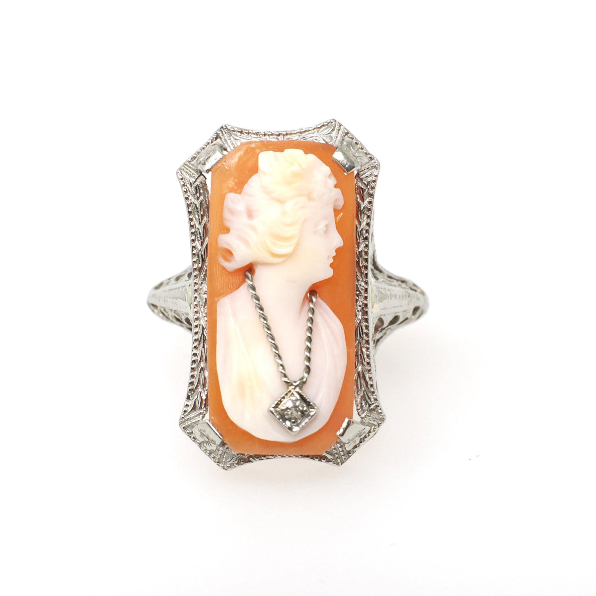 Vintage Cameo Habillé Ring - Art Deco 14k White Gold Carved Shell & Natural Diamond - Circa 1930s Size 6 1/4 Portrait Fine Filigree Jewelry