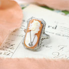 Vintage Cameo Habillé Ring - Art Deco 14k White Gold Carved Shell & Natural Diamond - Circa 1930s Size 6 1/4 Portrait Fine Filigree Jewelry