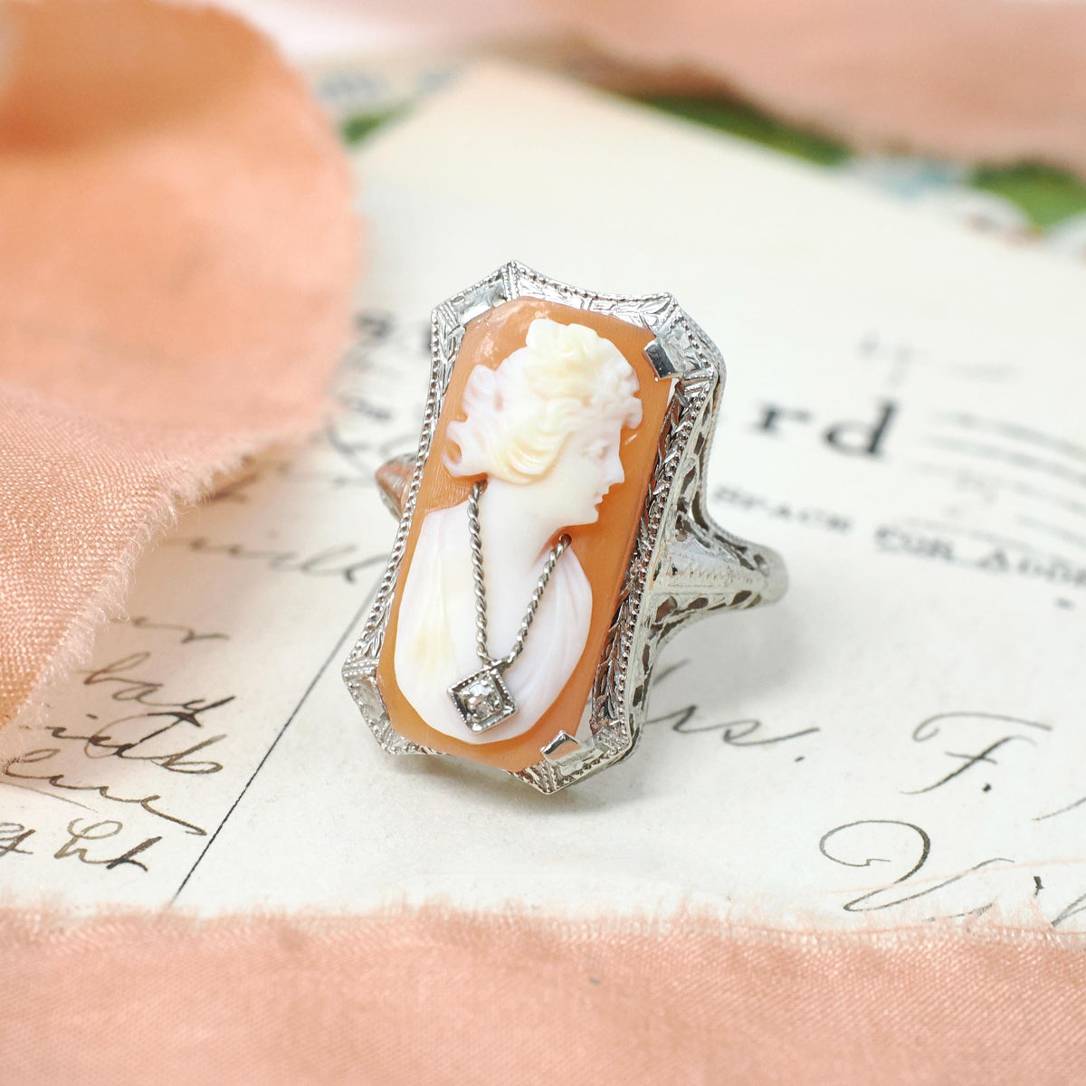 Vintage Cameo Habillé Ring - Art Deco 14k White Gold Carved Shell & Natural Diamond - Circa 1930s Size 6 1/4 Portrait Fine Filigree Jewelry