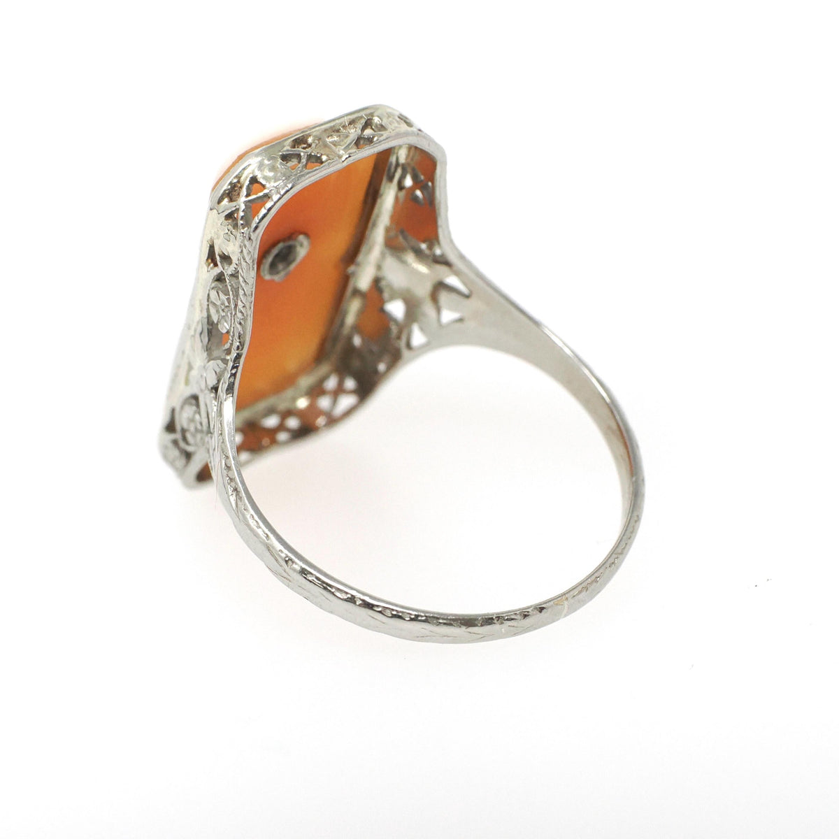 Vintage Cameo Habillé Ring - Art Deco 14k White Gold Carved Shell Diamond & Synthetic Sapphire - Circa 1930s Size 7.25 Fine Filigree Jewelry