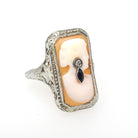 Vintage Cameo Habillé Ring - Art Deco 14k White Gold Carved Shell Diamond & Synthetic Sapphire - Circa 1930s Size 7.25 Fine Filigree Jewelry