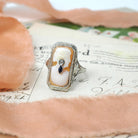 Vintage Cameo Habillé Ring - Art Deco 14k White Gold Carved Shell Diamond & Synthetic Sapphire - Circa 1930s Size 7.25 Fine Filigree Jewelry