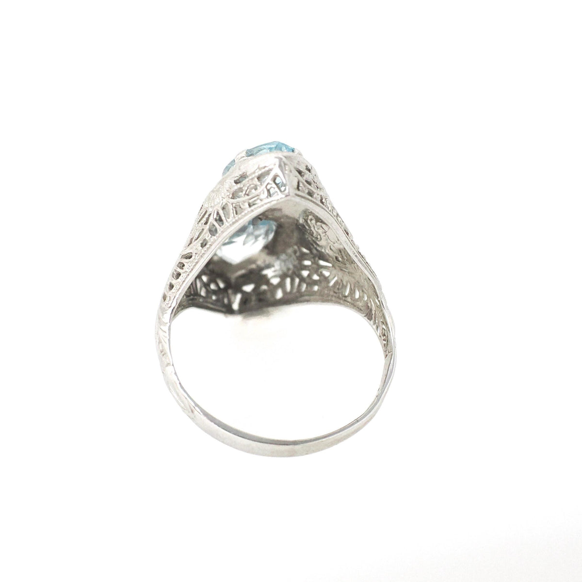 Vintage Aquamarine Ring - Art Deco 14k White Gold Natural Blue Marquise Hourglass Gemstones - Circa 1930s Era Size 4 Filigree Fine Jewelry