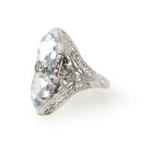 Vintage Aquamarine Ring - Art Deco 14k White Gold Natural Blue Marquise Hourglass Gemstones - Circa 1930s Era Size 4 Filigree Fine Jewelry