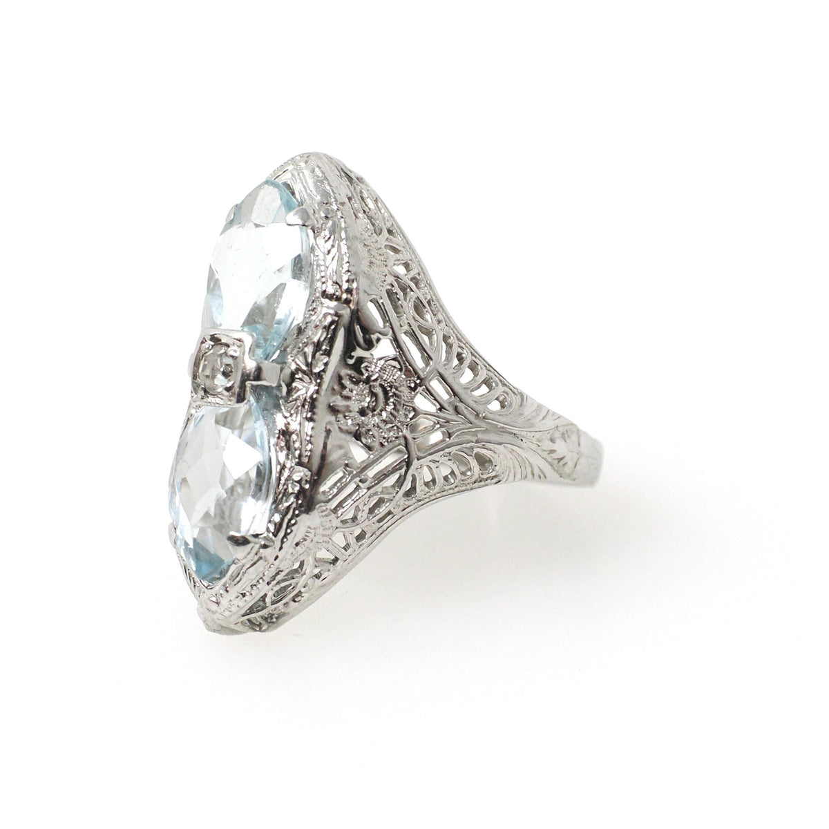 Vintage Aquamarine Ring - Art Deco 14k White Gold Natural Blue Marquise Hourglass Gemstones - Circa 1930s Era Size 4 Filigree Fine Jewelry