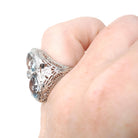 Vintage Aquamarine Ring - Art Deco 14k White Gold Natural Blue Marquise Hourglass Gemstones - Circa 1930s Era Size 4 Filigree Fine Jewelry