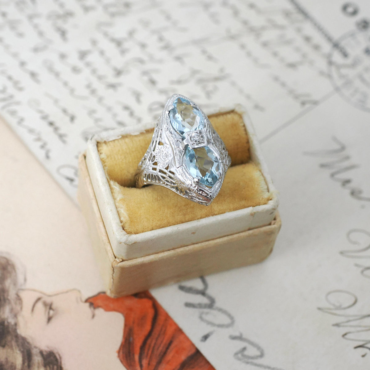 Vintage Aquamarine Ring - Art Deco 14k White Gold Natural Blue Marquise Hourglass Gemstones - Circa 1930s Era Size 4 Filigree Fine Jewelry