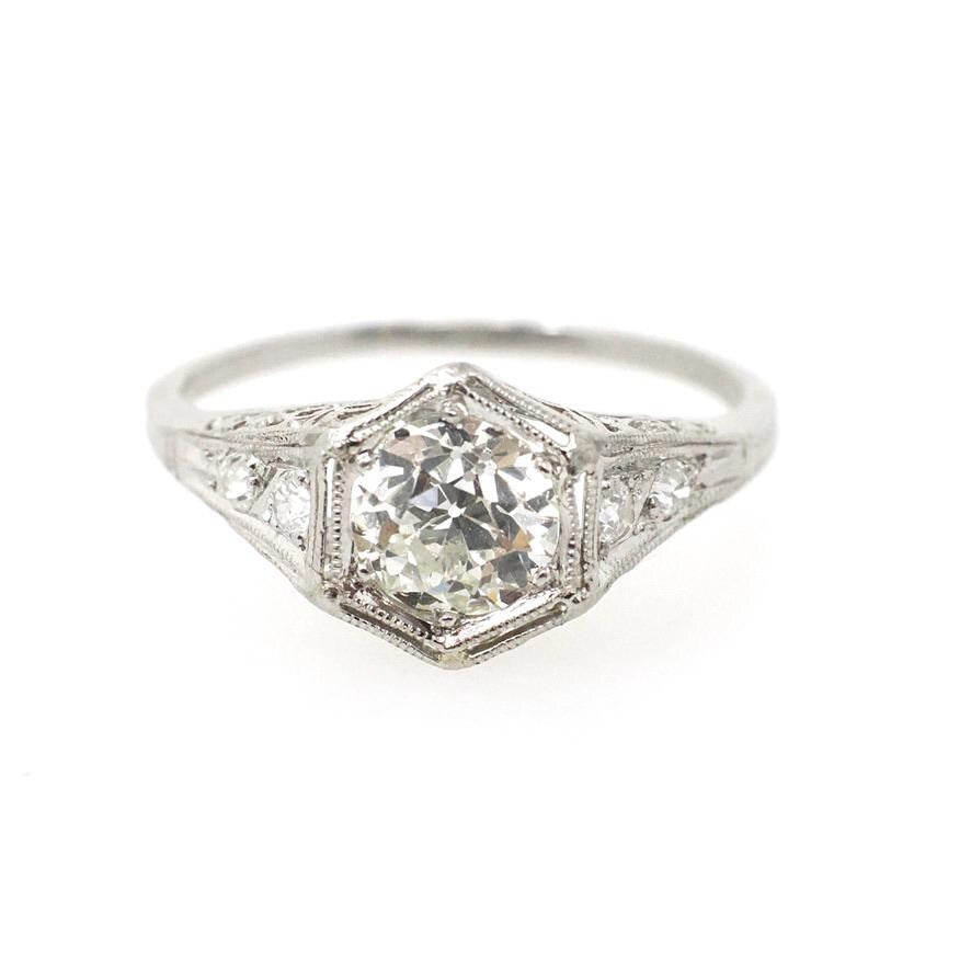 0.97 ct Old European Cut Diamond Ring - Platinum 1.14 CTW Natural Diamond Filigree Engagement - Circa 1920s Era Size 7 1/4 Hex Fine Jewelry