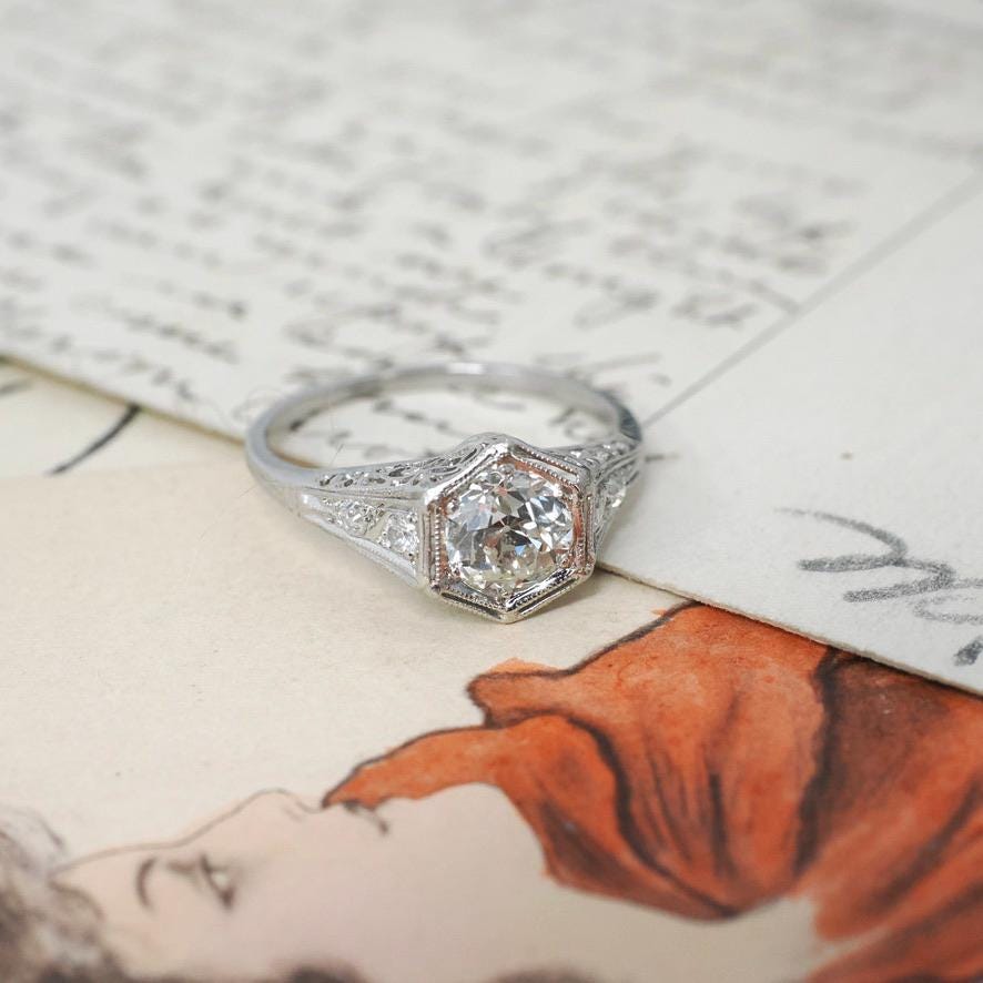 0.97 ct Old European Cut Diamond Ring - Platinum 1.14 CTW Natural Diamond Filigree Engagement - Circa 1920s Era Size 7 1/4 Hex Fine Jewelry