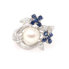 Vintage Pearl Ring - Mid Century 14k White Gold Cultured Organic Gem Blue Sapphire & Diamond Accents - Circa 1960s Size 7 1/4 Fine Jewelry