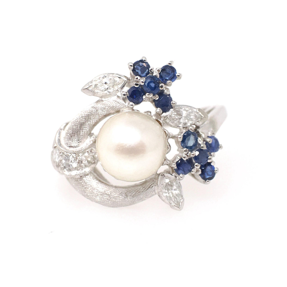 Vintage Pearl Ring - Mid Century 14k White Gold Cultured Organic Gem Blue Sapphire & Diamond Accents - Circa 1960s Size 7 1/4 Fine Jewelry
