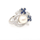 Vintage Pearl Ring - Mid Century 14k White Gold Cultured Organic Gem Blue Sapphire & Diamond Accents - Circa 1960s Size 7 1/4 Fine Jewelry