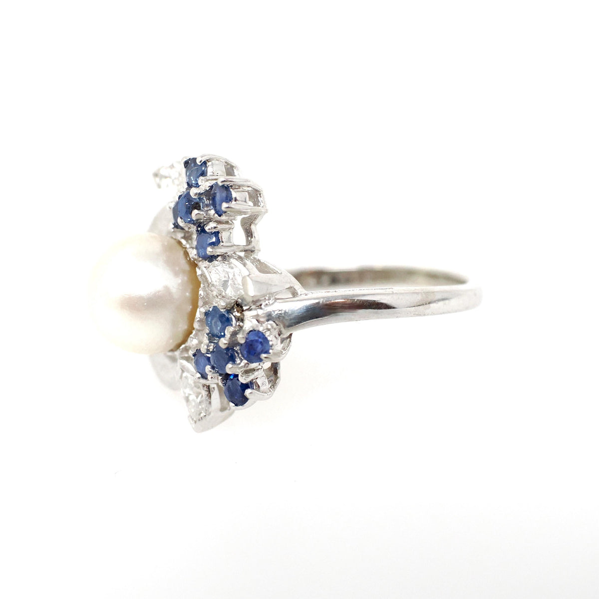 Vintage Pearl Ring - Mid Century 14k White Gold Cultured Organic Gem Blue Sapphire & Diamond Accents - Circa 1960s Size 7 1/4 Fine Jewelry