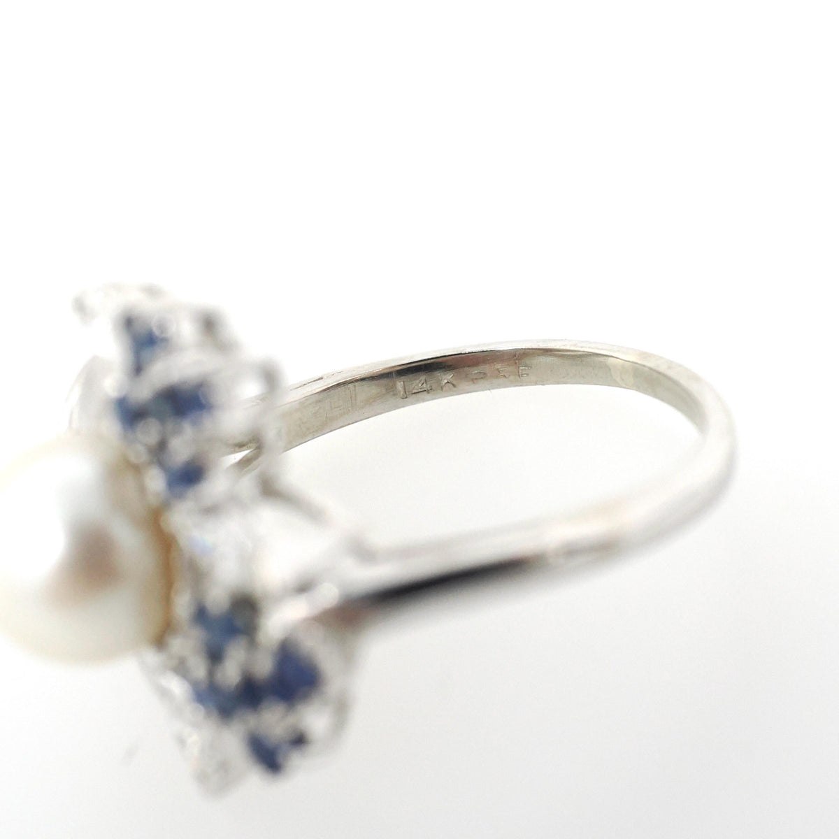 Vintage Pearl Ring - Mid Century 14k White Gold Cultured Organic Gem Blue Sapphire & Diamond Accents - Circa 1960s Size 7 1/4 Fine Jewelry