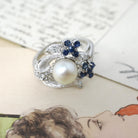 Vintage Pearl Ring - Mid Century 14k White Gold Cultured Organic Gem Blue Sapphire & Diamond Accents - Circa 1960s Size 7 1/4 Fine Jewelry