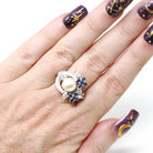 Vintage Pearl Ring - Mid Century 14k White Gold Cultured Organic Gem Blue Sapphire & Diamond Accents - Circa 1960s Size 7 1/4 Fine Jewelry