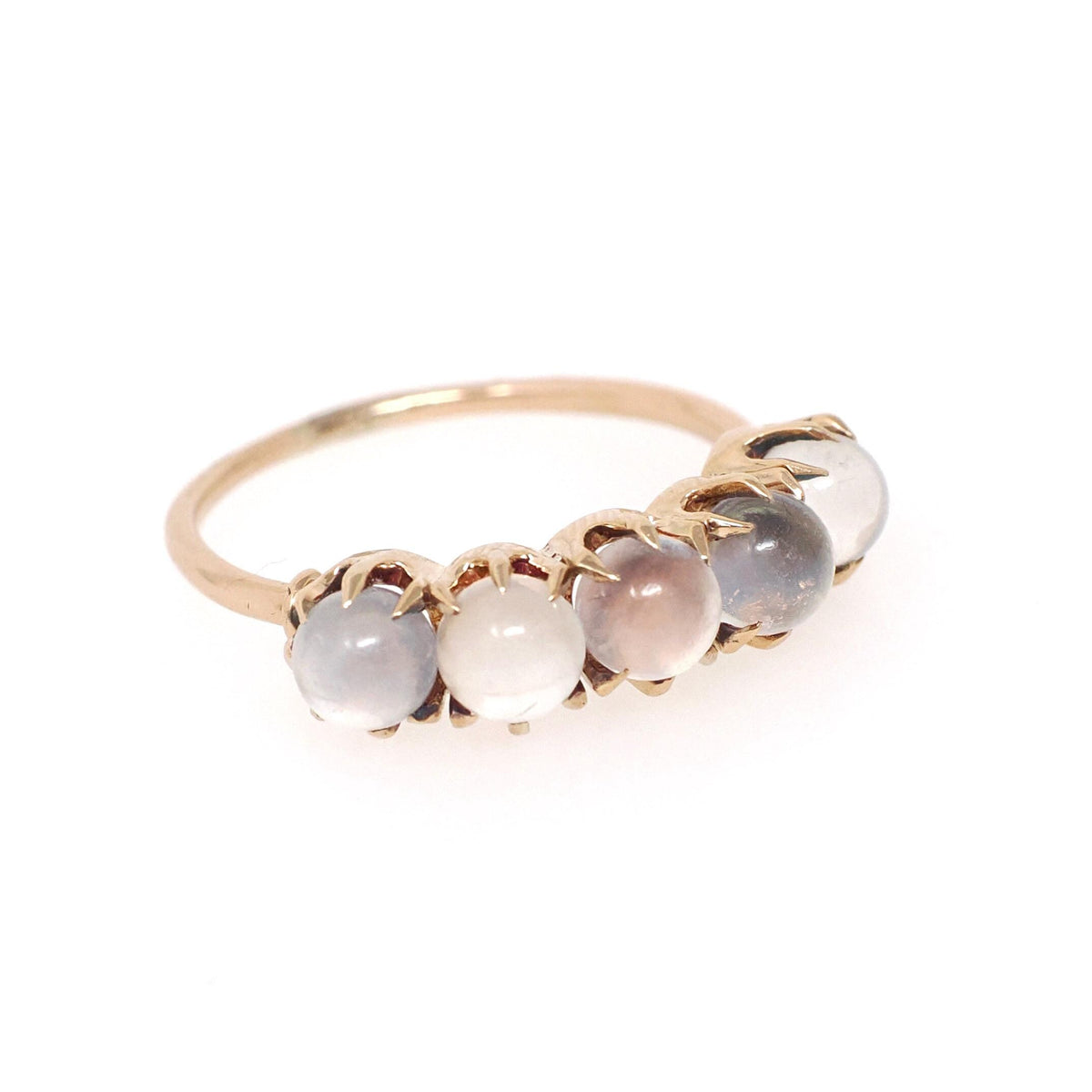 Antique Moonstone Band - Edwardian 14k Yellow Gold Five Spherical Adularescence Gemstones Ring - Circa 1910s Size 6 Fine Statement Jewelry