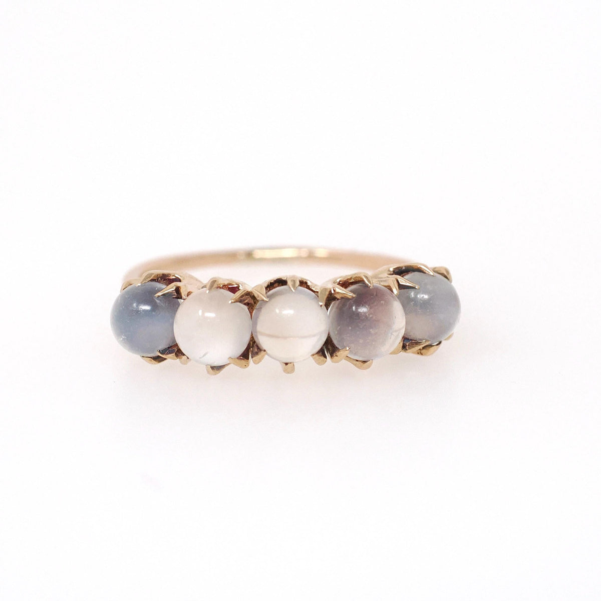 Antique Moonstone Band - Edwardian 14k Yellow Gold Five Spherical Adularescence Gemstones Ring - Circa 1910s Size 6 Fine Statement Jewelry