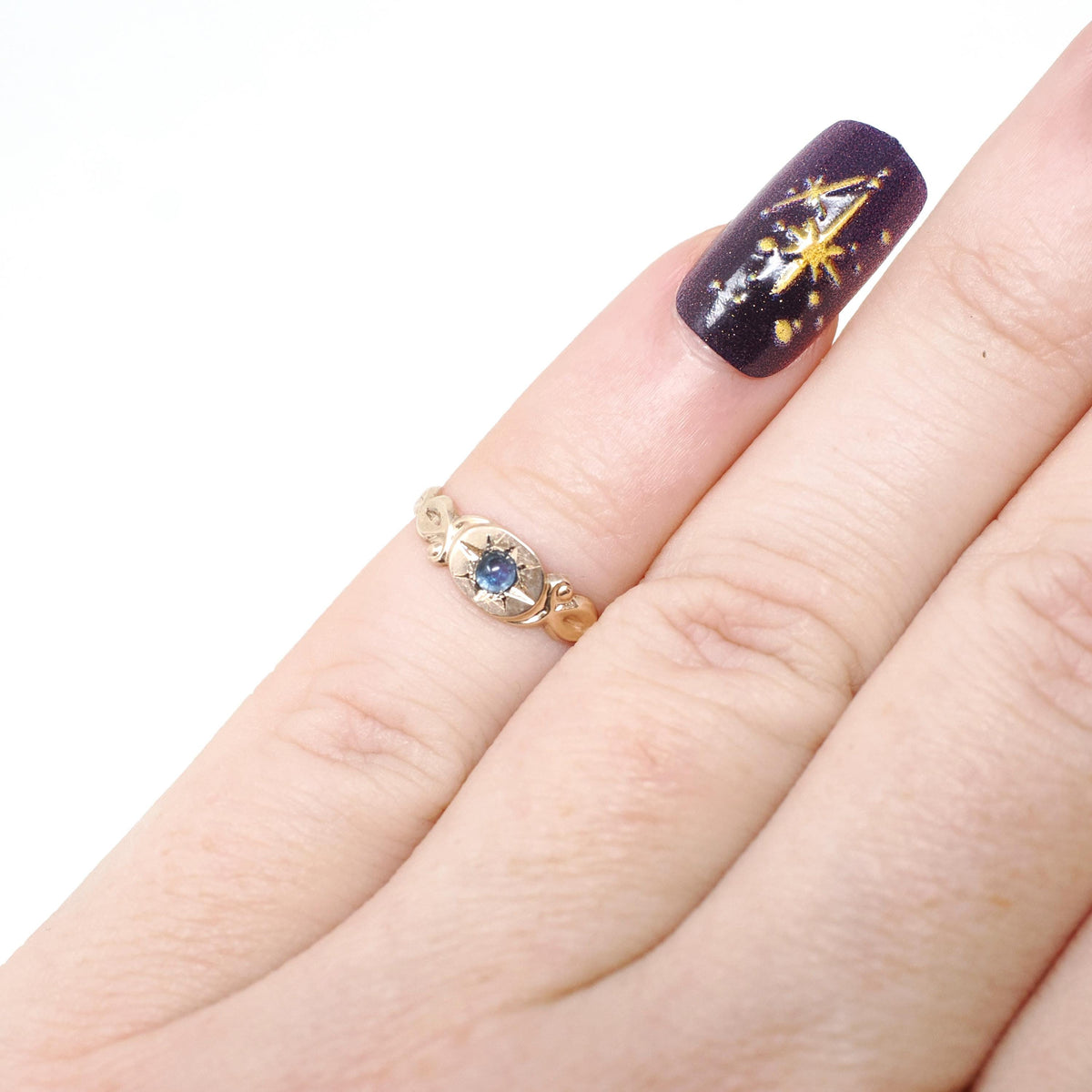 Antique Baby Ring - Edwardian 14k Yellow Gold Star Incised Blue Glass Cabochon Stone - Circa 1910s Size 1 Simulated Sapphire Fine Jewelry