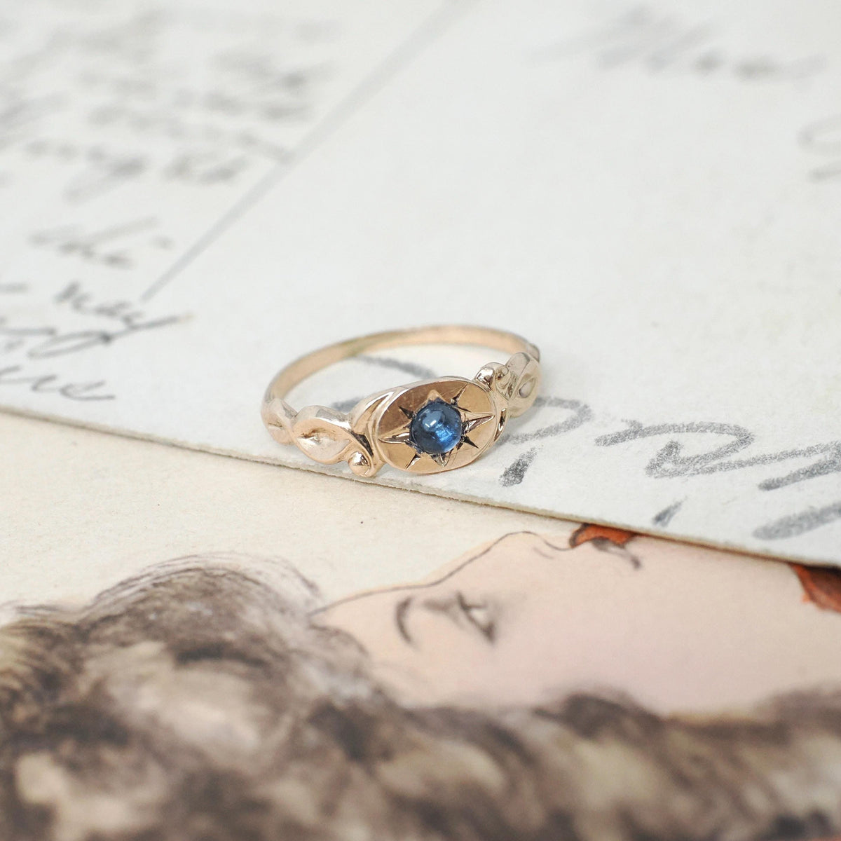Antique Baby Ring - Edwardian 14k Yellow Gold Star Incised Blue Glass Cabochon Stone - Circa 1910s Size 1 Simulated Sapphire Fine Jewelry