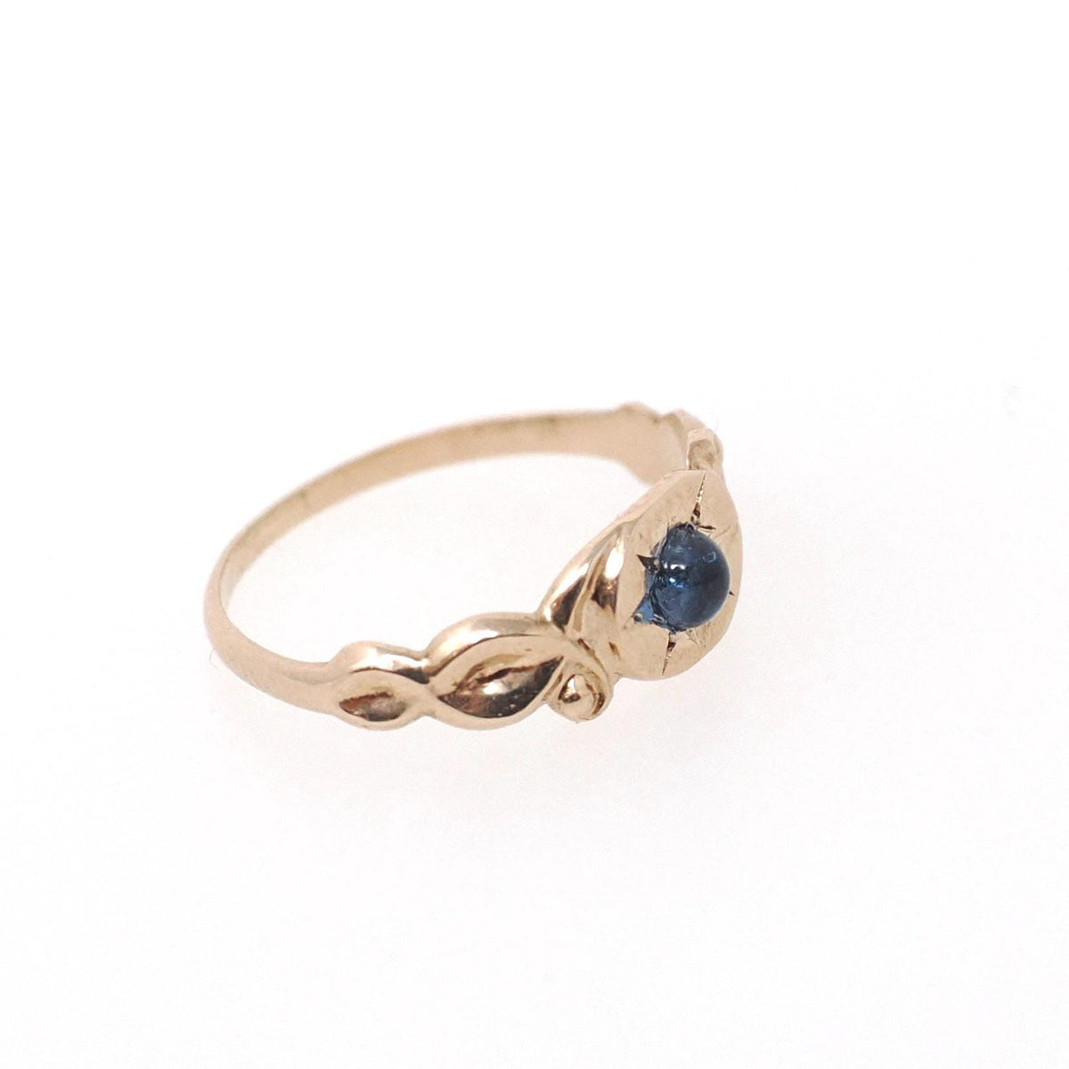 Antique Baby Ring - Edwardian 14k Yellow Gold Star Incised Blue Glass Cabochon Stone - Circa 1910s Size 1 Simulated Sapphire Fine Jewelry