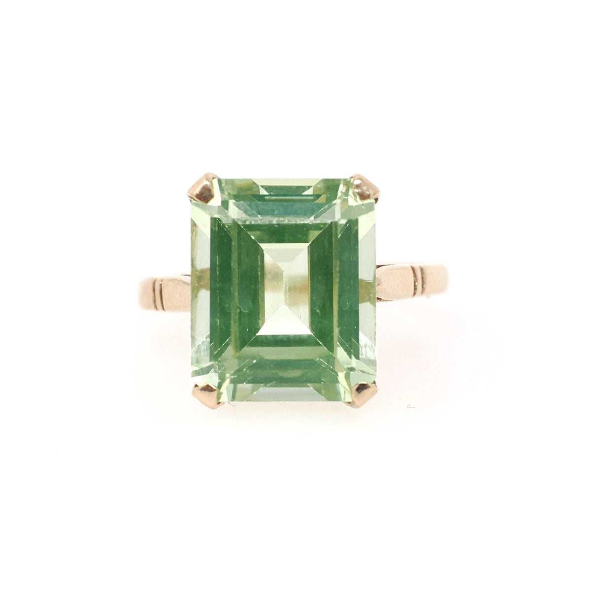 Created Spinel Ring - Mid Century 9k Yellow Gold Emerald Cut Light Green Stone - Hallmarked 1961 Era Size 5 Fine August Birthstone Jewelry