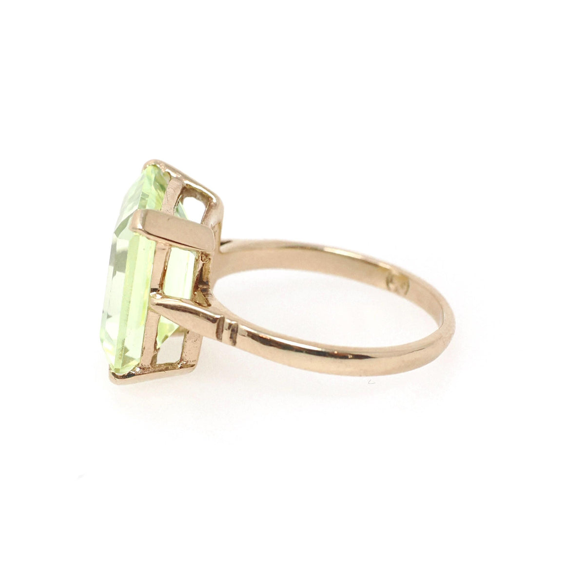 Created Spinel Ring - Mid Century 9k Yellow Gold Emerald Cut Light Green Stone - Hallmarked 1961 Era Size 5 Fine August Birthstone Jewelry