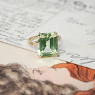 Created Spinel Ring - Mid Century 9k Yellow Gold Emerald Cut Light Green Stone - Hallmarked 1961 Era Size 5 Fine August Birthstone Jewelry