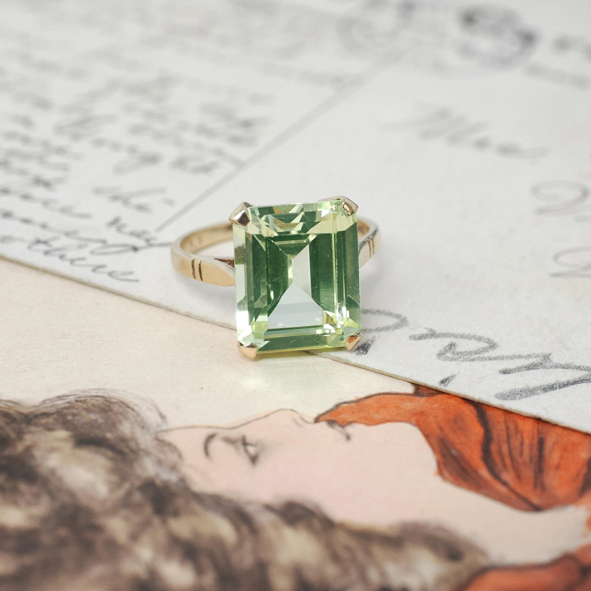Created Spinel Ring - Mid Century 9k Yellow Gold Emerald Cut Light Green Stone - Hallmarked 1961 Era Size 5 Fine August Birthstone Jewelry