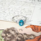 Modern Apatite Ring - Contemporary 10k White Gold Natural Oval Teal Blue Gemstone - Circa 2000s Size 8 1/2 Simulated Diamond Accents Jewelry