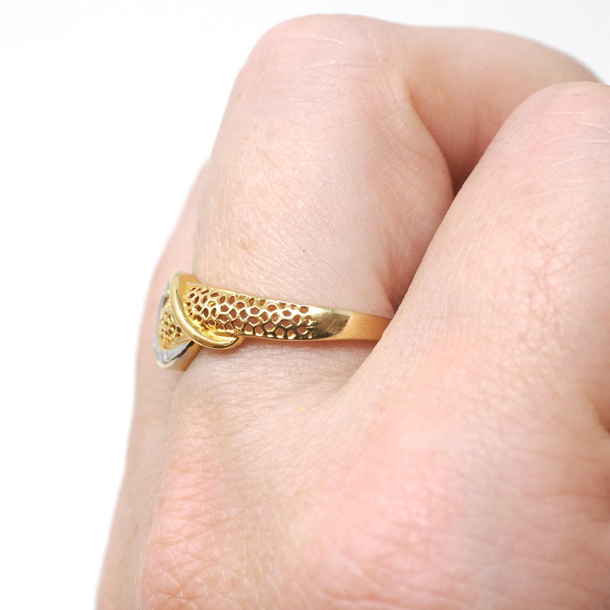 Textured Stacking Ring - Contemporary 18k Yellow Gold Two Tone Pierced Filigree Band - Circa 2000s Era Size 8 Crescent Fine Fashion Jewelry
